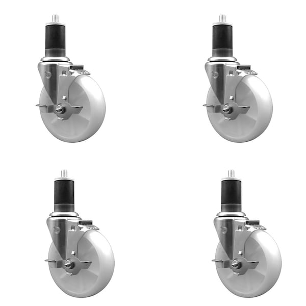 5'' SS Nylon Swivel 1-5/8'' Expanding Stem Caster Set with Brake, 4PK